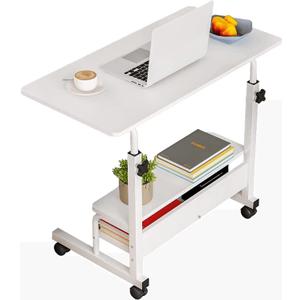 Adjustable Height Mobile Computer Desk for Small Space Rolling Writing with Wheels Corner Home Office Study Portable Bedrooms Work Size 31.5 Inch Storage Gaming Table, White D