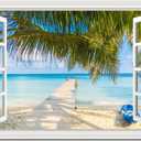 YRYWAWA Beach Canvas Wall Art Ocean Landscape Painting for Living Room & Bedroom, White Window Frame Style, Coastal Decor, 24x36 Inch