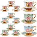 Set of 12 Tea Cups and Saucers Tea Party Decorations Floral Porcelain 5.4 oz British Gift for Women Birthday Party, Church, and Mother's Day (Classic Style)