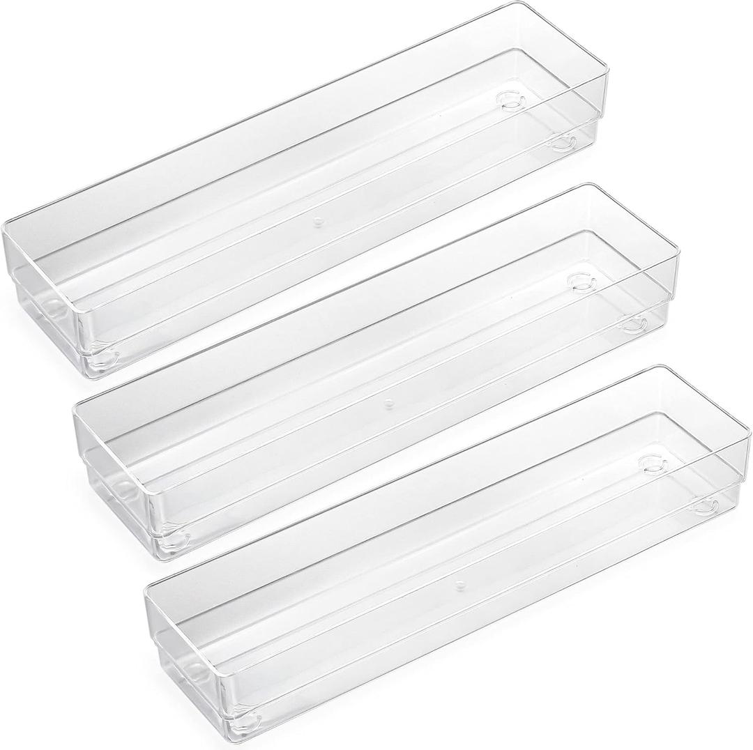 LotFancy Clear Drawer Organizers, 12” x 3” x 2”, Set of 3, Drawer Organizer Trays for Desk, Plastic Storage Bins for Bathroom, Makeup, Utensils, Stackable