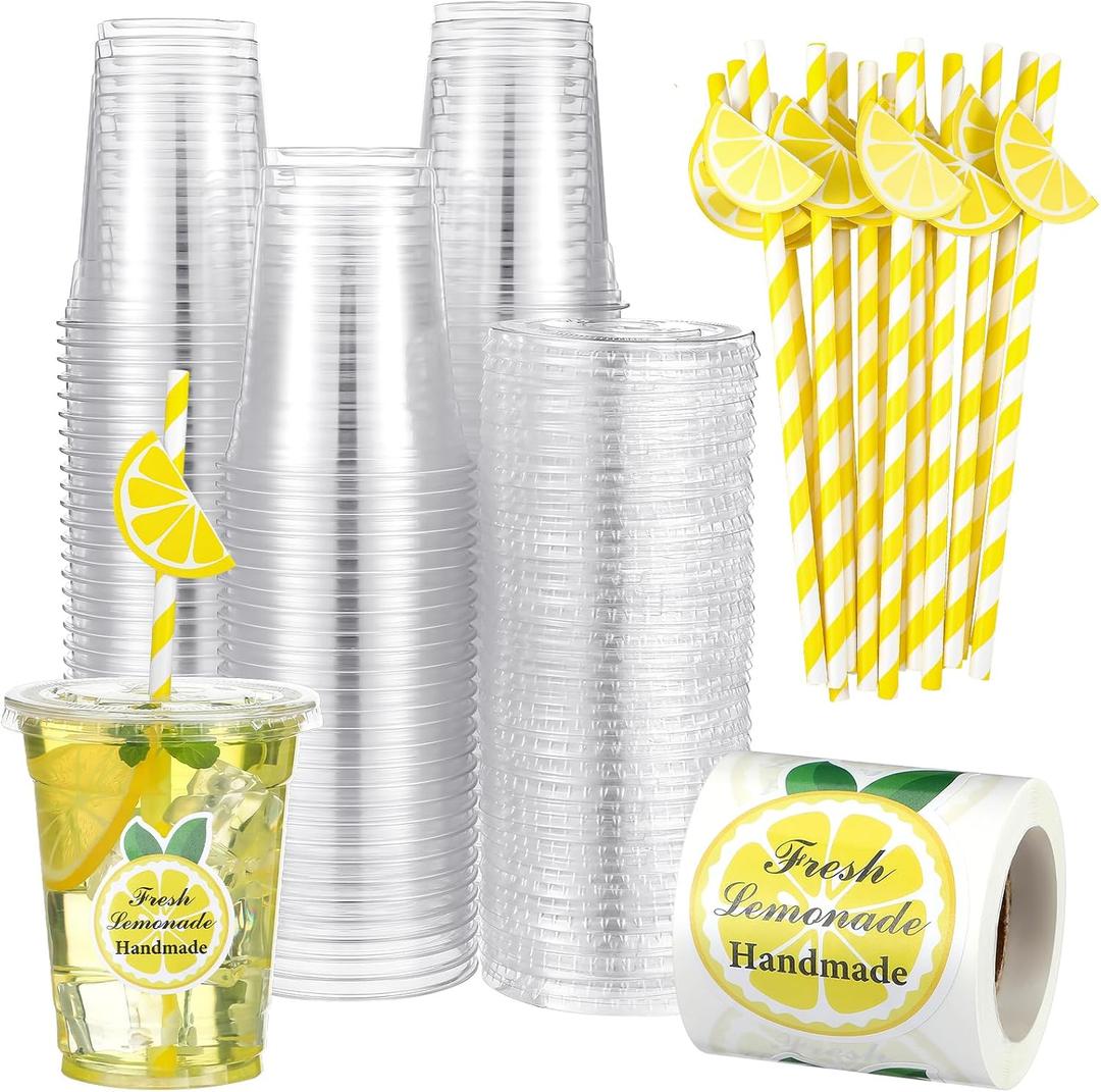 Gilprop 100 Sets Plastic Lemonade Cups with Lids and Straws Lemonade Stand Supplies 12 oz Disposable Lemon Cups Bulk with Stickers Lemonades Bar Supplies for Summer Beverage Drinking Party Favor