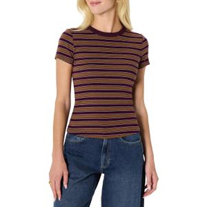 Amazon Essentials (Demi's Pick) Women's Slim-Fit Stretch Rib Short-Sleeve Tee (X-Large, Burgundy Brown Stripe)