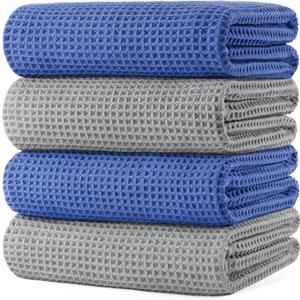 POLYTE 430 GSM Microfiber Oversize Quick Dry Lint Free Bath Towel, 60 x 30 in, 4 Pack (Waffle Weave) Pack Of 2 (Blue)