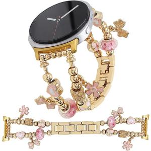 Gold Watch Bands Compatible with Samsung Galaxy Watch 8 40mm/44mm/Classic 46mm, Unique Charms Chain Strap Pandora Bracelet Wristband for Galaxy Watch 8 Classic 46mm Women (Pink Flower+Gold)