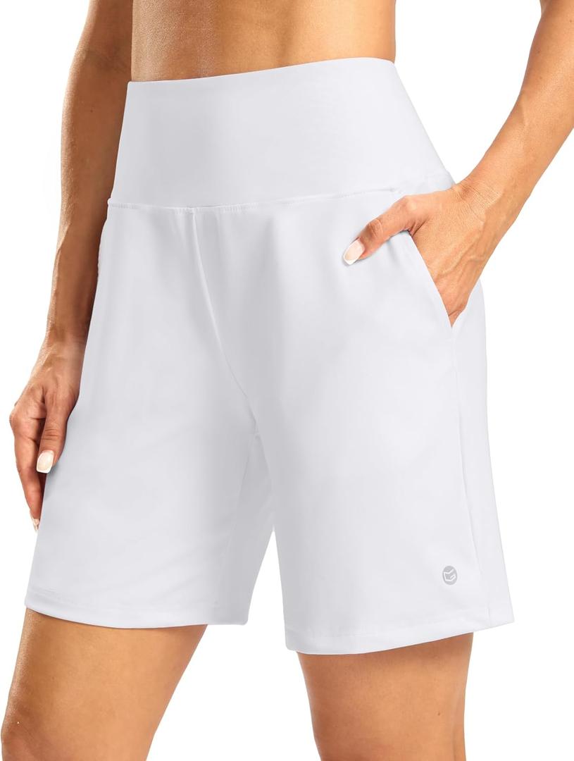 Women's Athletic Shorts with Zipper Pocket 7" High Waisted Stretchy Bermuda Shorts for Women Workout Running Casual (White, S)
