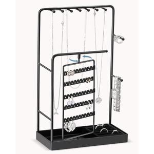 Lolalet Jewelry Organizer Stand, No Assembly Needed Display Storage with Rotating Earring Holder and Velvet Ring Tray for Necklace Bracelet Studs,Christmas Gifts Room Dorm Decor for Teen Girls -Black