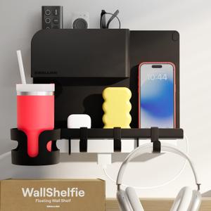 WallShelfie Bedside Wall Organizer & Dorm Decor for Dorm Room - 2.0, Black