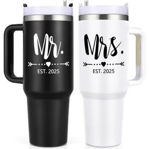 Qtencas Mr and Mrs Gifts, Mr and Mrs EST 2025 Stainless Steel Travel Tumblers Set, Engagement Wedding Gifts, 40 oz 2025 Travel Mug for Couples Newlyweds, Bridal Shower Anniversary CupsBlack & White