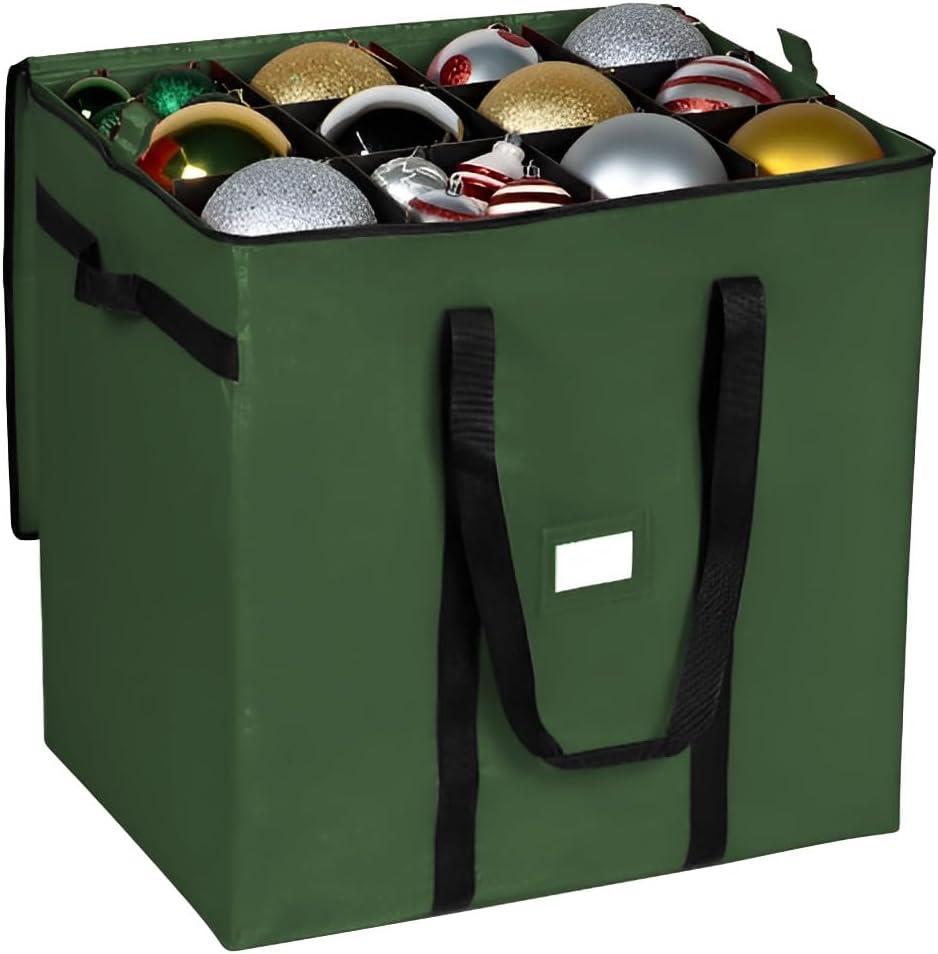 Christmas Extra Large Ornament Storage Container - Box Stores Up to 48  6 Ornaments  With 4 Individual Trays -Heavy Duty 600D Tear Resistant Material, Zippered, Adjustable Dividers - Green