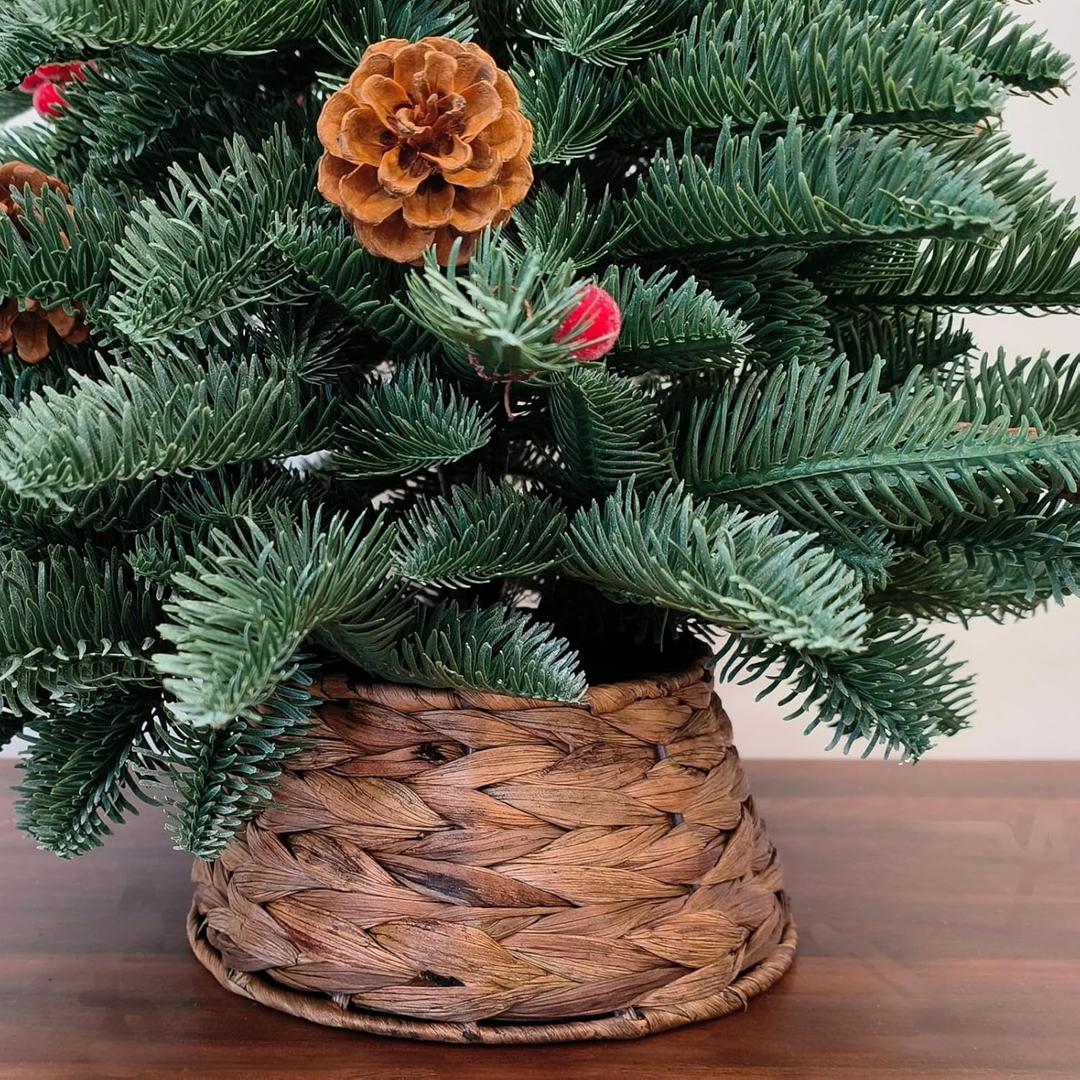 7.5-Inch Mini Christmas Tree Collar, Handcrafted Woven Hyacinth Holiday Rattan Tree Skirt Accessory-Brown