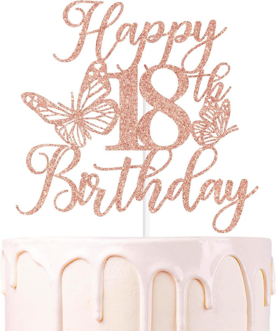 Rose Gold Glitter Happy 18th Birthday Cake Topper, Cheers to 18 Years/Time to Adult, Butterfly Themed 18th Birthday Party Decorations Supplie for Girls