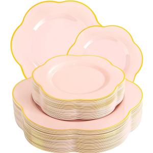 Liacere 50PCS Pink Plastic Plates - Heavy Duty Pink Disposable Plates-Pink and Gold Plastic Plates Include 25PCS Pink Dinner Plates,25PCS Pink Dessert Plates for Baby Shower & Party & Mothers Day