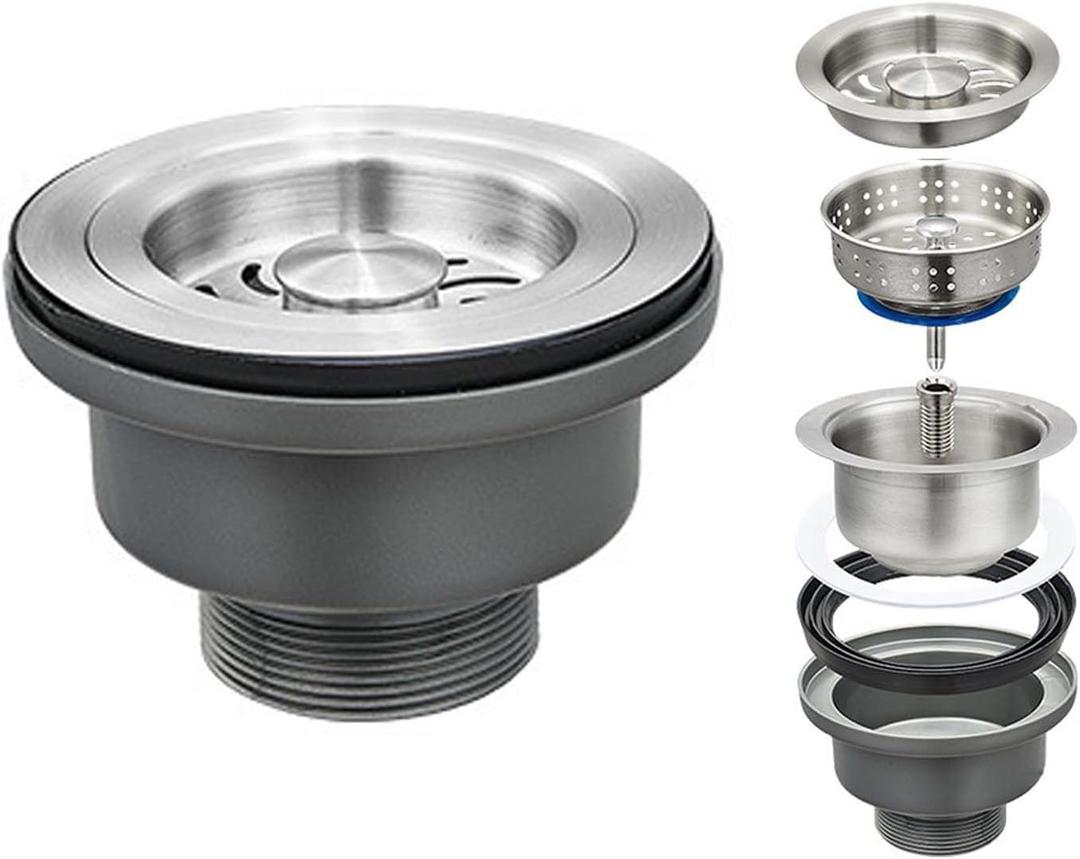 3-1/2 Kitchen Sink Drain Assembly Kit 304 Stainless Steel Sink Strainer Drain Basket Replacement with Sink Stopper Sealing Lid for Kitchen Bathroom Drain Kit (Gray)