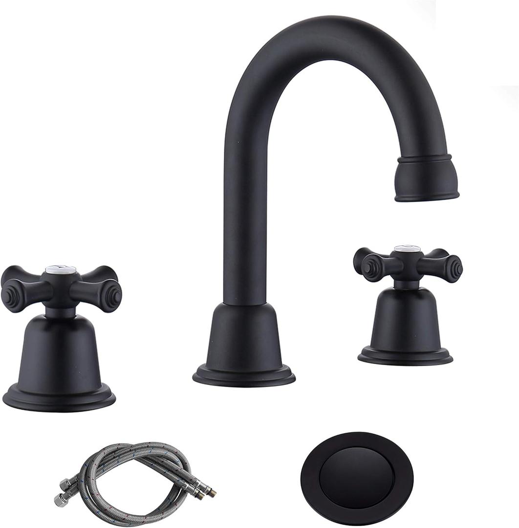 RKF Bathroom Faucets for Sink 3 Hole Matt Black 8 inch Widespread Bathroom Sink Faucet with Drain 2 Handles Cross Knobs Faucet Vanity Faucet Basin Mixer Tap with Hose & Deck CWF039-MB