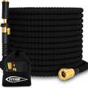 TITAN Garden Hose 50FT | NON-EXPANDING Durable, Flexible, Ultra Lightweight, Extra Strength Fabric Hybrid Water Hose, Heavy Duty Brass Connectors, With Jet Nozzle For Home, Marine, RV (Black)