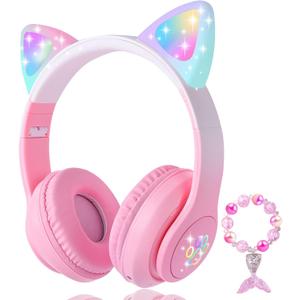Cat Ear Kids Headphones Bluetooth, LED Light up Wireless/Wired Mode Over Ear Headphones with Build in Microphone for School/Travel (Pink)
