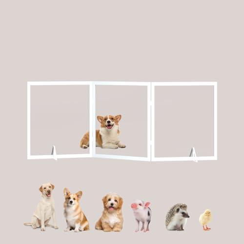 Clear Acrylic Dog Gate， 24" W×31" H Freestanding Foldable Dog Gate for Home ，Transparent Wooden Invisible Aesthetics Puppy Gate -Retractable 3 Panels Doggy gate for Puppies, Cat, Rabbit