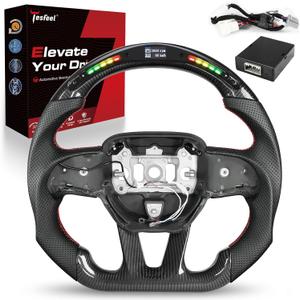 Real Carbon Fiber Steering Wheel with LED Shift Indicator for Dodge Charger, for Challenger, and for Durango (2015-2024), Genuine 3K Carbon with Perforated Leather Grip, D-Shape
