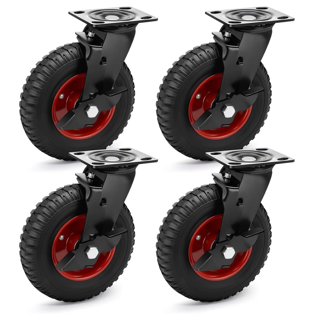 8 Inch Outdoor Heavy Duty Casters Wheels Set of 4, Sturdy Large Rubber Casters with Brake 2200 LBS, Industrial Grade Plate Swivel Castors with Knobby Tread for Dollies, Cart, Machine