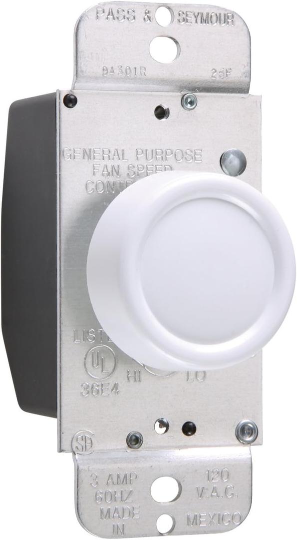 Legrand Pass & Seymour 94301WV 3 Amp Rotary Fan Speed Control, Single Pole, White (Count of 1)