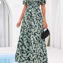 BTFBM Summer Maxi Dresses for Women Wedding Guest Spring Floral Boho Short Sleeve Smocked Beach Graduation Dress 2026 (Blue, M)
