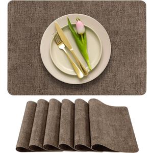 More Dcor Faux Leather Placemats Set of 6 for Dining Table Waterproof, Wipeable, Washable, Stain & Heat Resistant, Non-Slip Table Mats 12 X 17 Inch, Brown