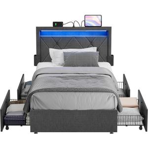 VASAGLE LED Bed Frame Twin Size, Twin Bed with Headboard and 4 Drawers, 1 USB Port and 1 Type C Port, Adjustable Upholstered Headboard 37.1/39.6 Inches, No Box Spring Needed, Dark Gray URMB823G71