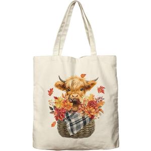 Dlzdn Fall Highland Cow Canvas Tote Bag For Women Aesthetic Shopping Grocery Bag Beach Bag Gifts for Women Teacher Bag Reusable Grocery Bag Thanksgiving Day Gift