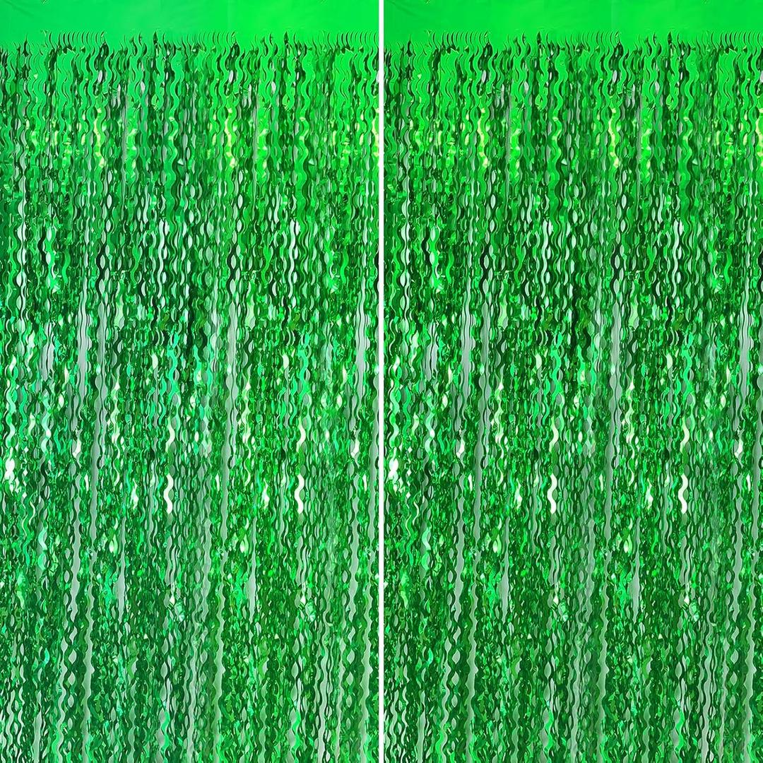 2 x Green Streamers Foil Fringe Curtains Fringe Backdrop Curtains, Football Party Decorations, Green Birthday Decorations for Boy, Christmas Favor, Dinosaur Birthday Decor, Jungle Party Decorations (2 pack)