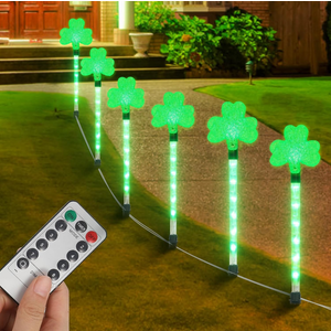 YUNVI 6 Pack St. Patrick's Pathway Light,8 Modes Green Shamrocks Stake Lights with Timer,LEDs Shamrock String Lights St. Patrick's Day Decoration Light for Backyard Lawn Garden Party