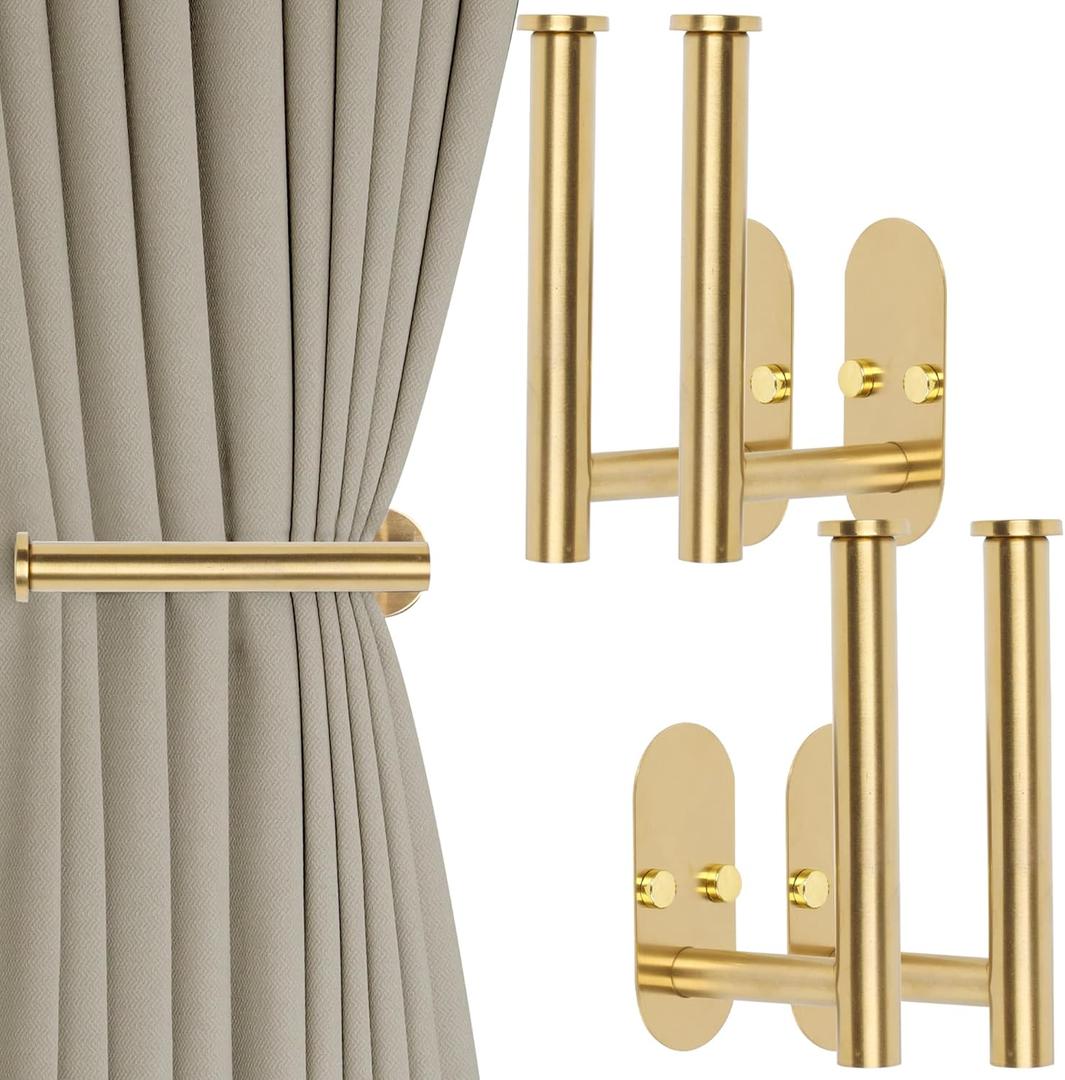 Yagoo 4 Pcs Adhesive Curtain HoldbacksScrew-in Curtain Tie Backs Curtain Holders Tiebacks Curtain Hooks for Wall Mounted Curtain Pull Backs for Home Decor Drapes (4, Gold)