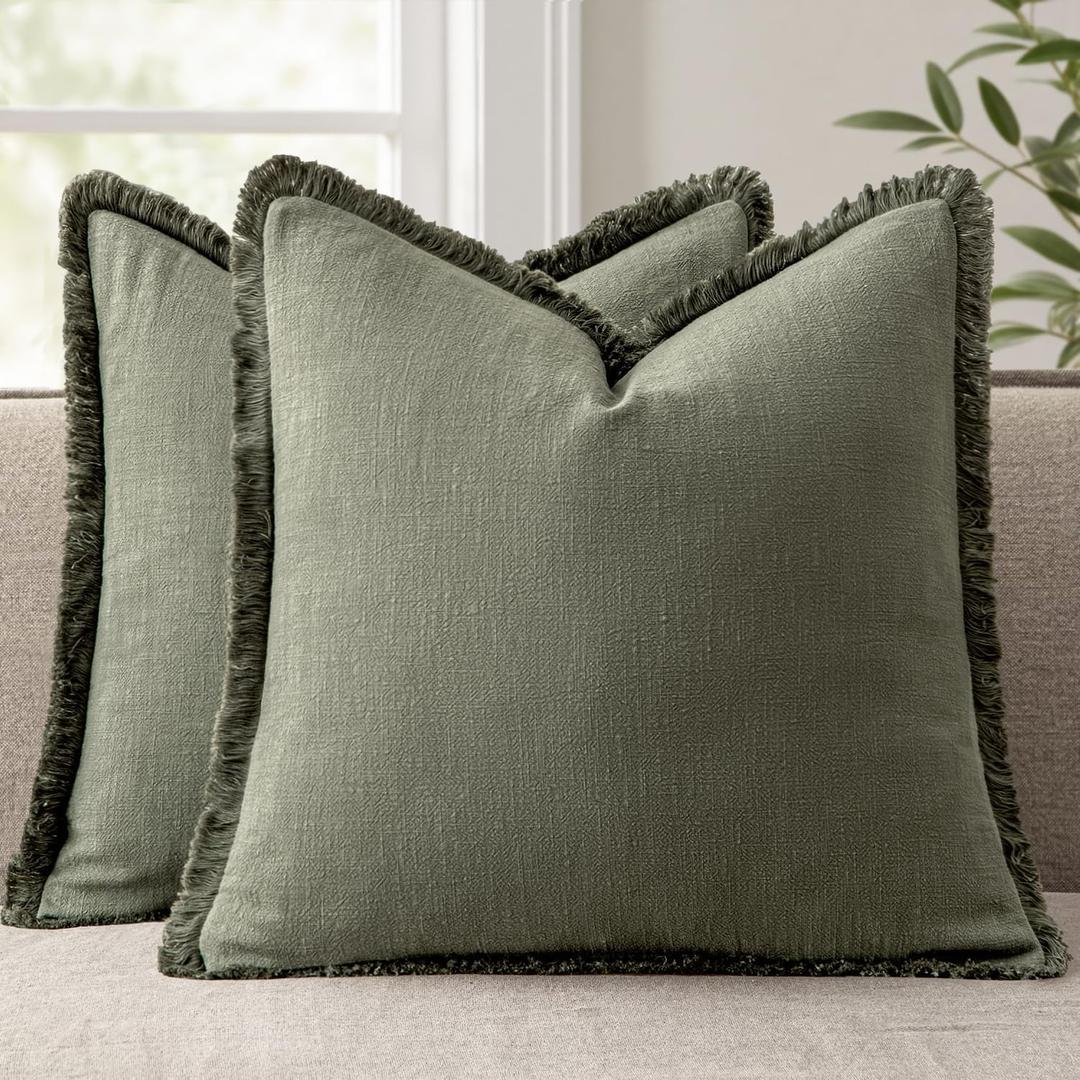 ANRODUO Set of 2 Decorative Throw Pillow Covers 1818 Inch Soft Linen Fringe Farmhouse Boho Vintage Cushion Cover with Tassels Accent Pillowcase for Couch Sofa Bed Living Room Spring Decor Olive Green