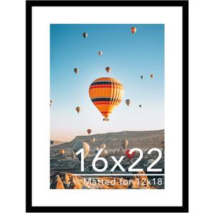 JCJMY 16x22 Picture Frame with 12x18 Mat, Display Photo 12x18 with Mat or 16 x 22 Without Mat, Wall Hanging Large 16 by 22 Poster Frame with Plexiglass, Black