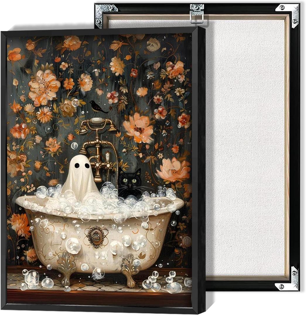 HQPCNGZ Vintage Ghost And Black Cat In Bathtub Posters Cute Bubblebath Flower Canvas Wall Art Spooky Halloween Prints Painting For Bathroom Home Bedroom Dorm Wall Decor 12x16in Unframed