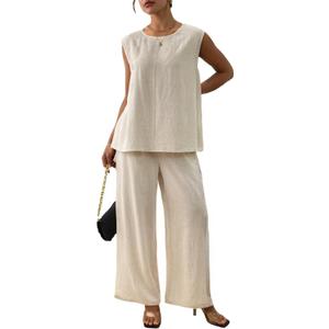 Women's Linen 2 Piece Outfits Loose Top and Pant Suits Summer Vacation Beach Travel Two Piece Lounge Sets
