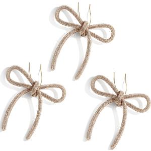 2025 Christmas Bow Ornaments, 3Pcs Champagne Bow Christmas Tree Ornament, Xmas Hanging Ornaments Decor Gift for Women Family Wreath, Garland, Gift Wrapping,Made with Rhinestones