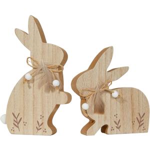 DN DECONATION Easter Bunny Decor Set, 2-Pcs Wooden Rabbit Figurines with Feather & Bead, Rustic Farmhouse Tabletop Centerpiece for Spring Mantel Shelf Home Office Indoor Decorations (Brown and White1)