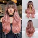 Esmee 24" Women Synthetic Wigs Long Wavy black Ombre pink with Fluffy Air Bangs Light Cosplay Party Wig