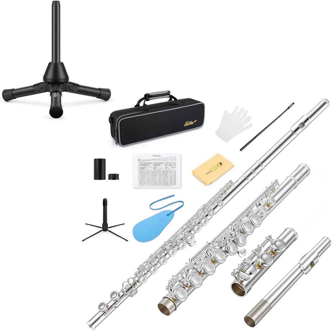 Eastar EFL-1S Closed Hole 16 Keys C Flute for Beginner Student,with Stand, Cleaning Kit, Case, Gloves, Tuning Rod, Fingering Chart, Silver Plated