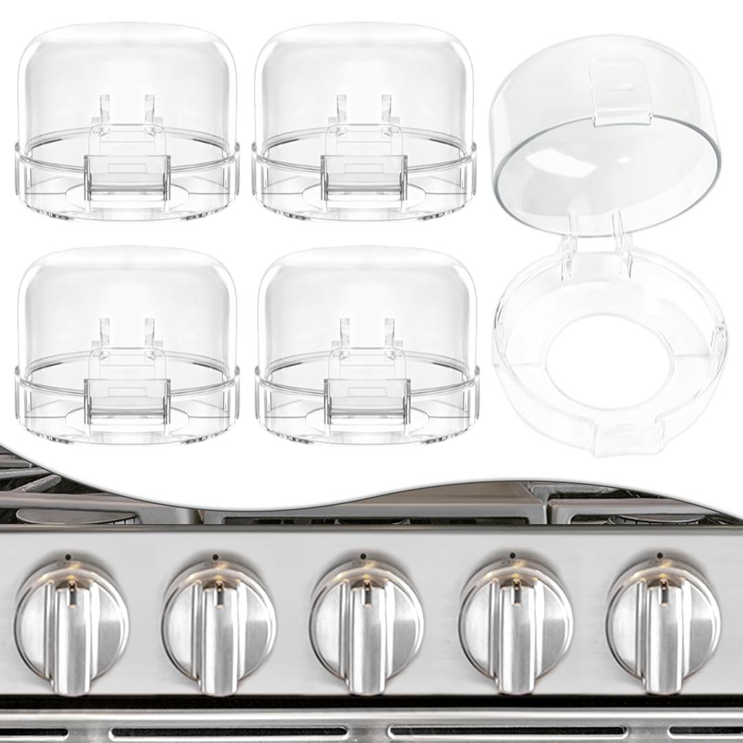 5 PACK Stove Knob Covers for Child Safety, Childproof Gas Stove Knob Locks, Stove Oven Knob Safety Covers with Adhesive, for Kids and Pets, Heat-Resistant, Clear View (Upgraded - Transparent)