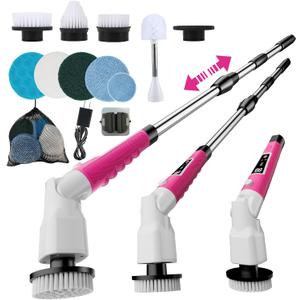 Electric Spin Scrubber,2026 New Adjustable Angle Cleaning BrushIPX7 Waterproof Shower Scrubber with 3 Speed Settings,9 Brush Heads & Extendable Long Handle for Bathroom, Kitchen and Car Cleaning (Pink)