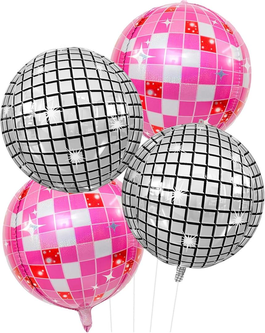Disco Ball Balloons Pink Silver 4PC,Foil Disco Balloons 22 Inch 4D Round Pink Silver Balloon for 70s 80s Birthday Bachelorette New Year Graduation Decorations
