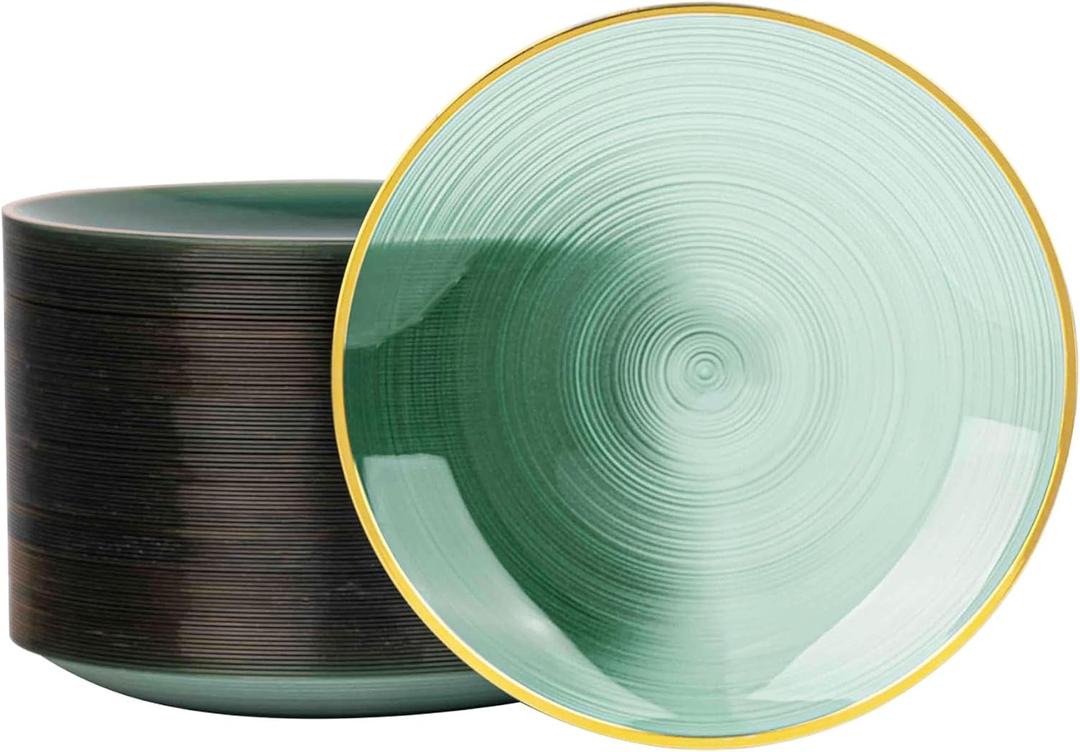 100PCS Transparent Green Gold Plastic Plates, 10 Inch Heavy Duty Disposable Dinner Plate with Gold Rim, Round Party Plates for Wedding, Party, Camping, Picnic, Birthday