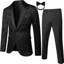 Mens Tuxedo Black Floral 2 Piece for Prom Wedding Party Suit Jacket Pants Slim Fit Shawl Lapel. Size M