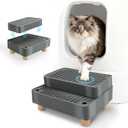 Elevated Cat Ramp for Litter Box, 2 Steps Cat Pedal Step Stool with Wooden Base, Detachable Double Layered Cats Litter Trapper, Suitable for Small&Elderly Cats, Non-Slip(Dark Grey)