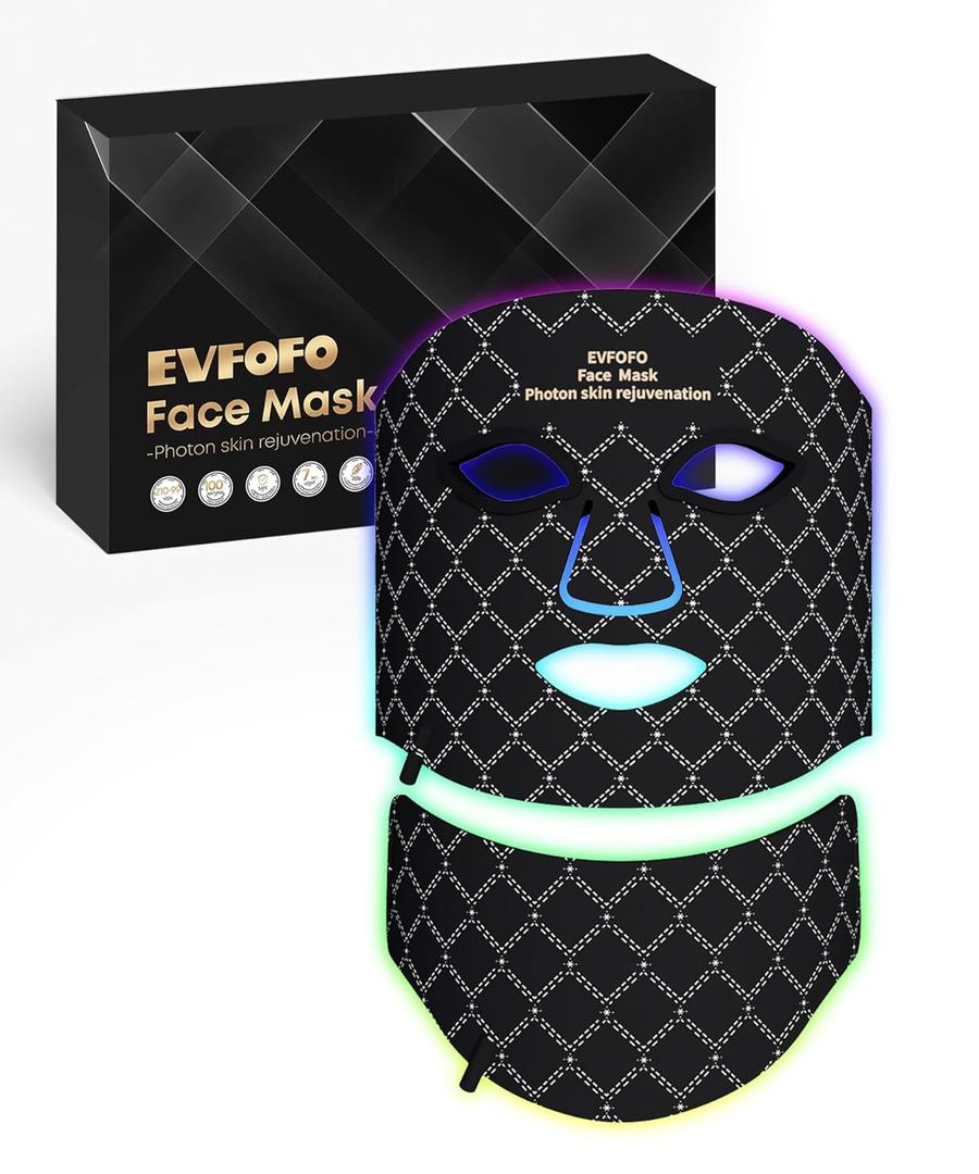 LED Red Light Photon Facial & Neck Mask with Remote Control, 7 Custom Modes with Infrared, Portable & Rechargeable with Timer for Home Use, 850nm Infrared & Red Light Masks, Black