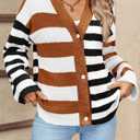 Saodimallsu Womens Striped Cardigan Sweaters V Neck Open Front Button Up Color Block Fuzzy Loose Knit Coats (Small, Brown)