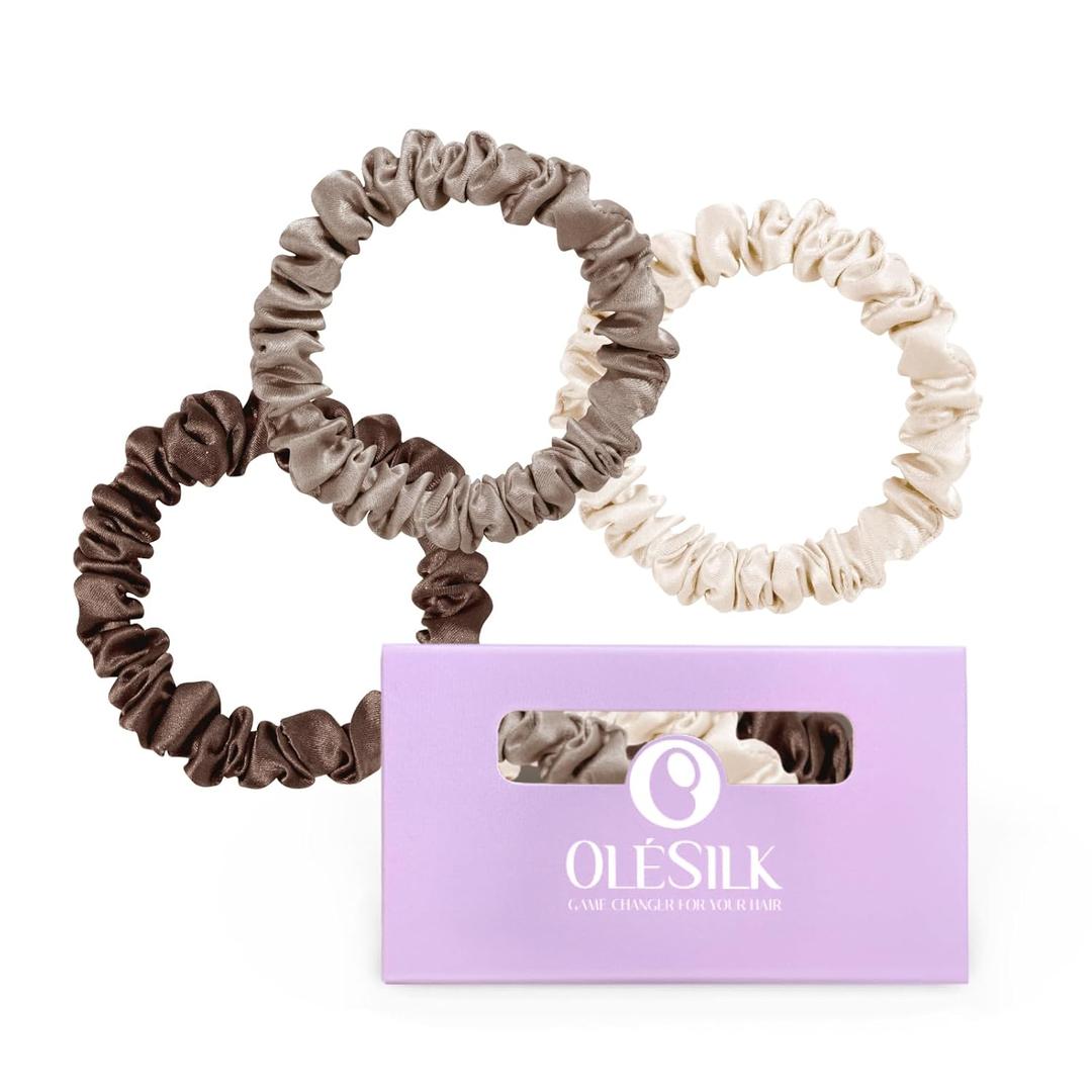OLESILK Silk Hair Tie - 100% Mulberry Silk Scrunchies, Soft and Gentle Hair Accessories, Skinny for Women with Thin Fine Hair, 3 Count, Brown (Brown,Champagne,Coffee)