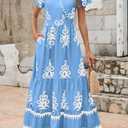 PRETTYGARDEN Womens 2026 Summer Casual V Neck Boho Maxi Dress Flowy Aline Bell Sleeve Tiered Floral Dresses with Pocket (Blue, L)