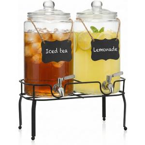 1 Gallon Glass Drink Dispenser Set of 2, Drink Dispensers for Parties, Beverage Dispenser with Stand, Glass Lid, 100% Leakproof Spigot, Ideal for Lemonade, Juice, Iced Tea, Laundry Detergent Dispenser